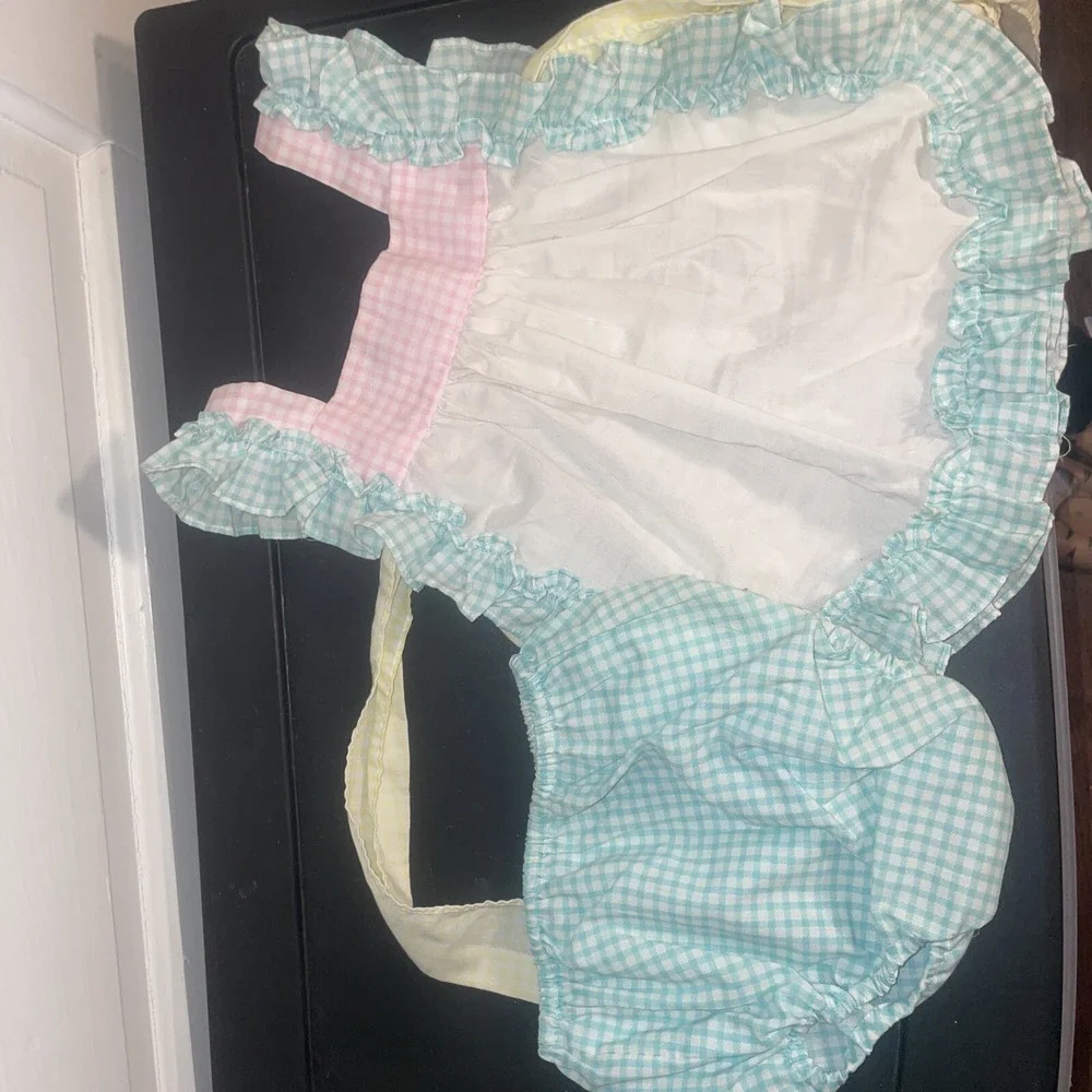 Vintage Two Piece Summer Girls Outfit Fish Gingham Ties Toddler Size 12-24Months